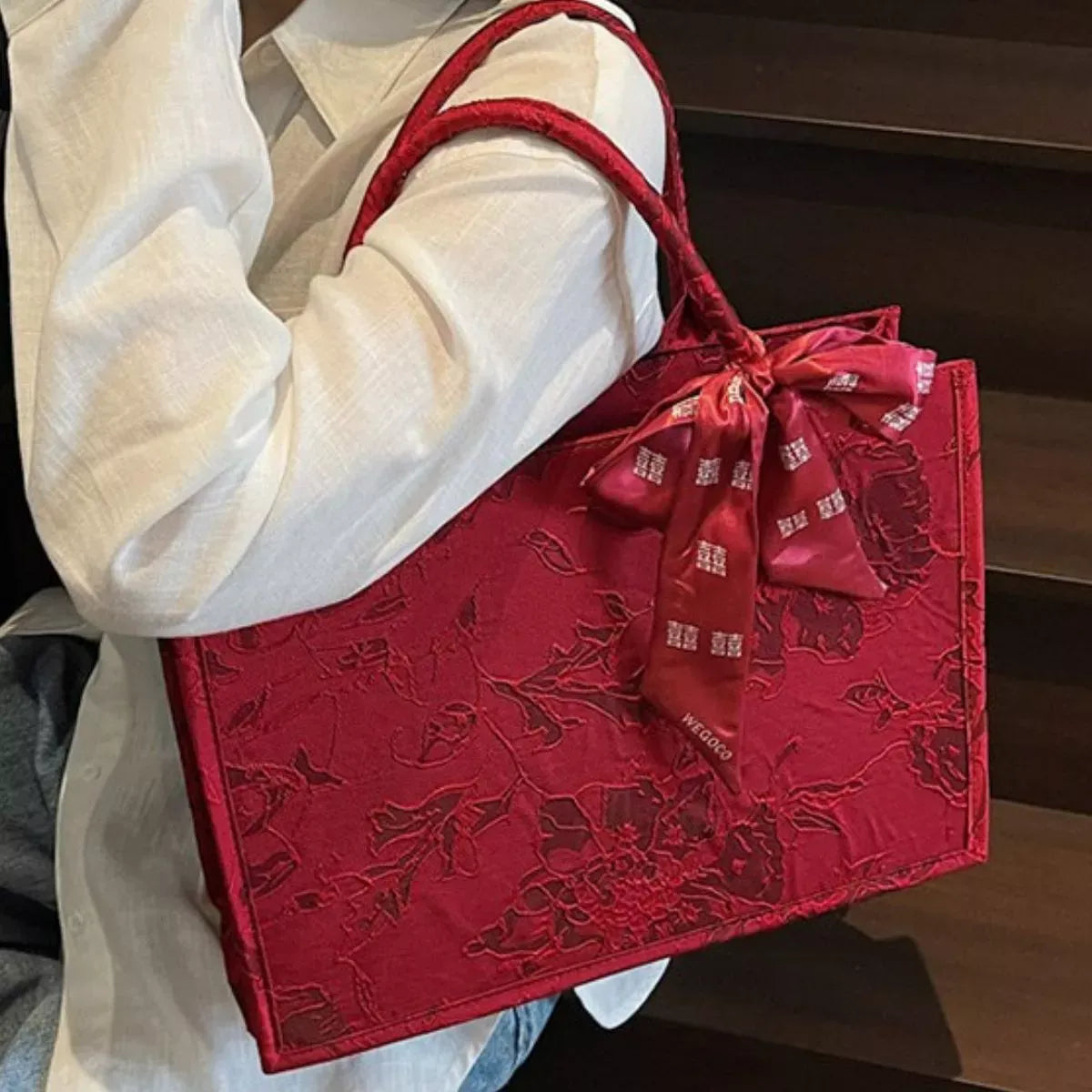 Floral Embossed Tote Handbag with Scarf Accent Scarlet / ONESIZE The Nichole Collection