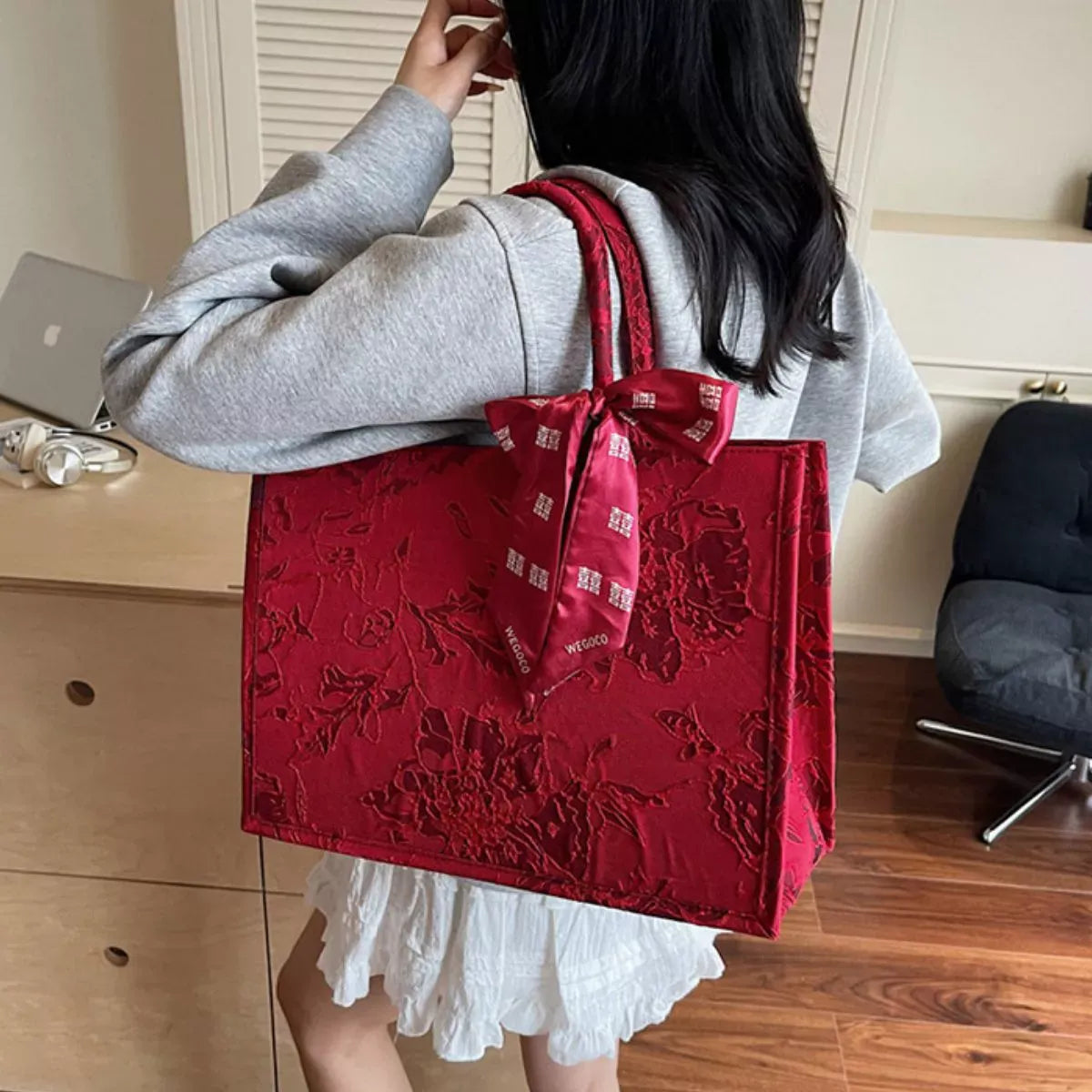 Floral Embossed Tote Handbag with Scarf Accent Scarlet / ONESIZE The Nichole Collection