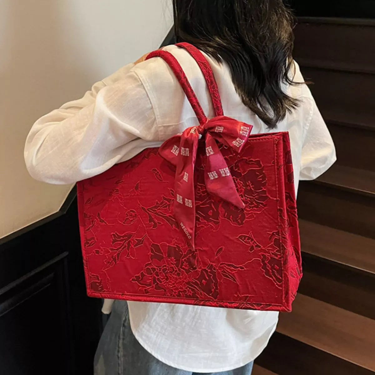 Floral Embossed Tote Handbag with Scarf Accent Scarlet / ONESIZE The Nichole Collection