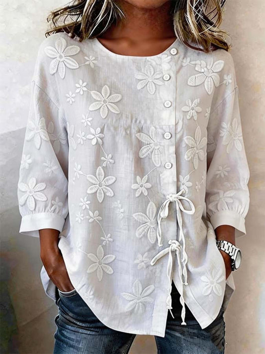 Floral Embroidered Button-Down Shirt White / S The Nichole Collection
