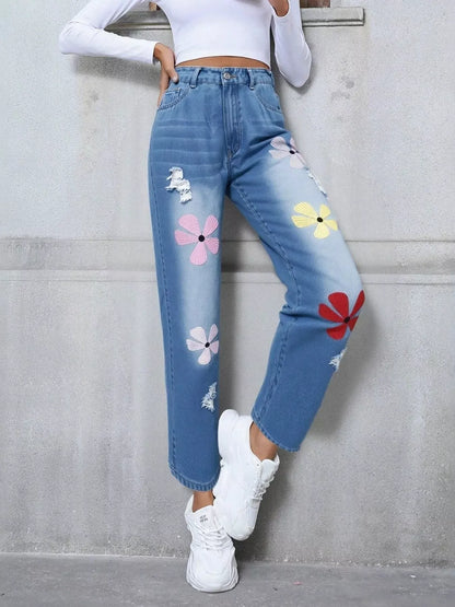 Floral Embroidered High Waist Distressed Jeans The Nichole Collection - Official Site