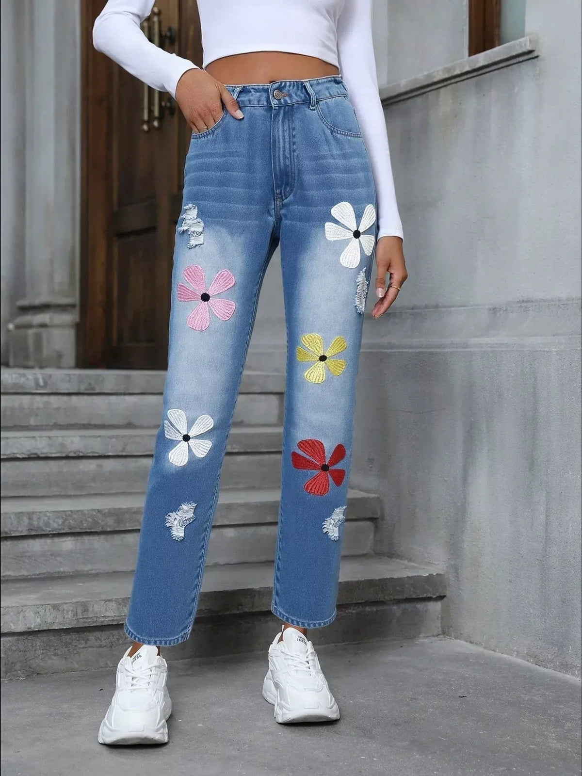Floral Embroidered High Waist Distressed Jeans The Nichole Collection - Official Site