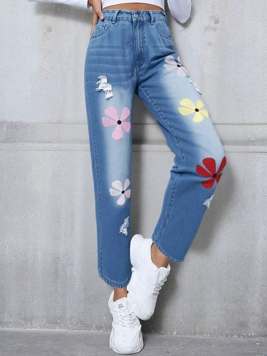 Floral Embroidered High Waist Distressed Jeans Blue / XS The Nichole Collection - Official Site