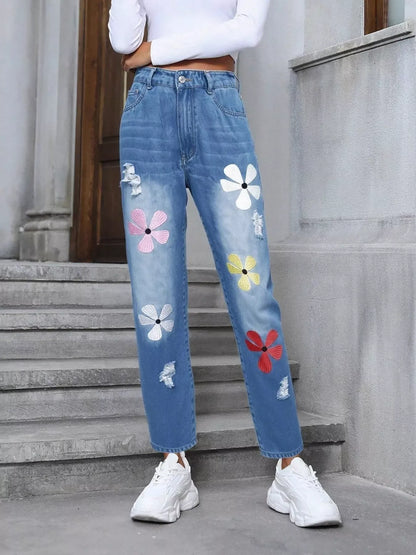 Floral Embroidered High Waist Distressed Jeans The Nichole Collection - Official Site
