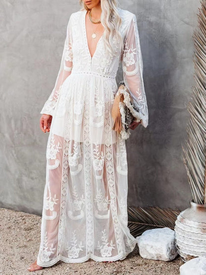 Floral Lace Slit Maxi Dress White / S Maxi Dresses The Nichole Collection - Official Site
