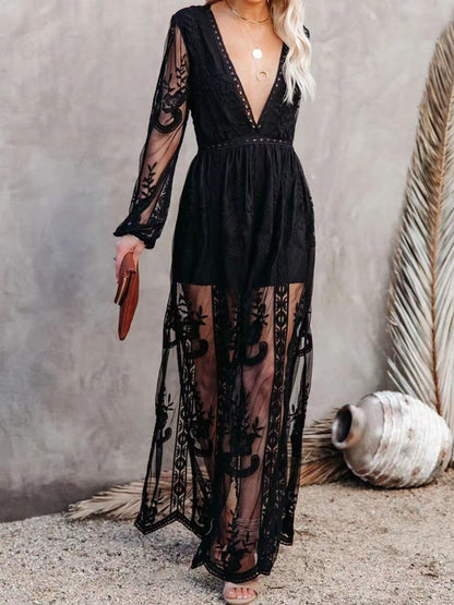 Floral Lace Slit Maxi Dress Black / S Maxi Dresses The Nichole Collection - Official Site