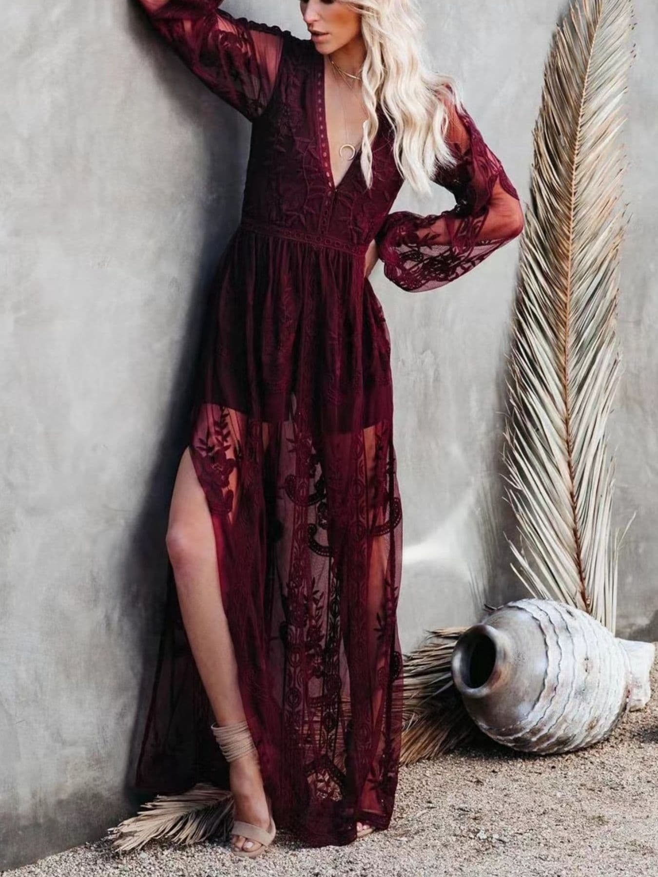 Floral Lace Slit Maxi Dress Burgundy / S Maxi Dresses The Nichole Collection - Official Site