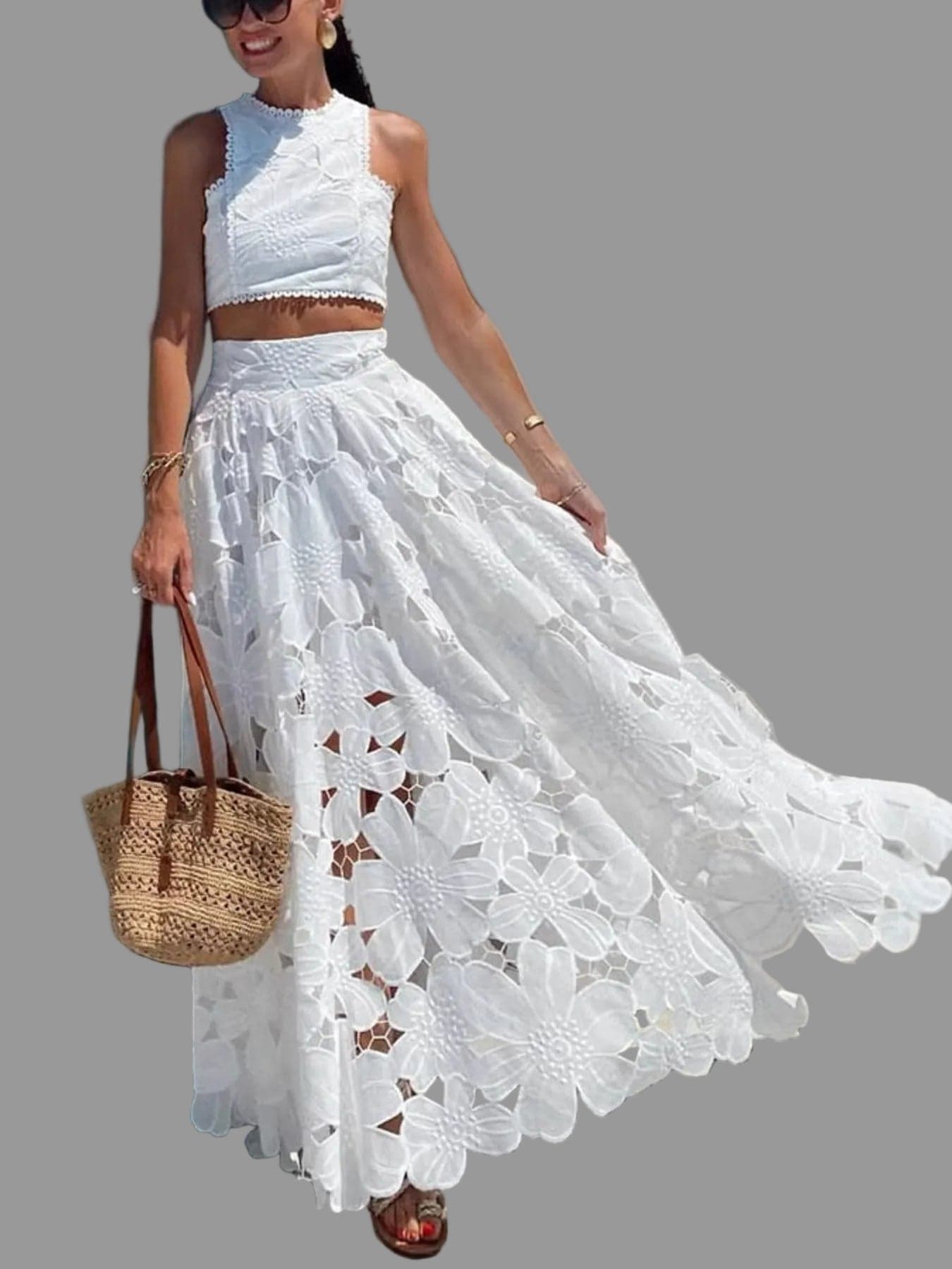 Floral Lace Tank and Skirt Set White / S Dresses The Nichole Collection