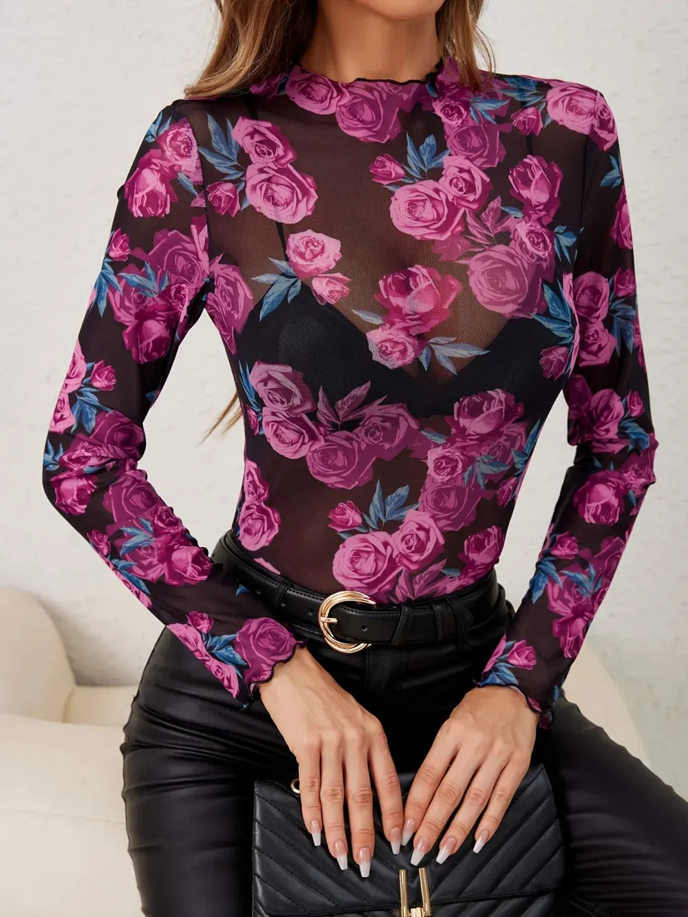 Floral Mesh Mock Neck Long Sleeve Top Mesh The Nichole Collection