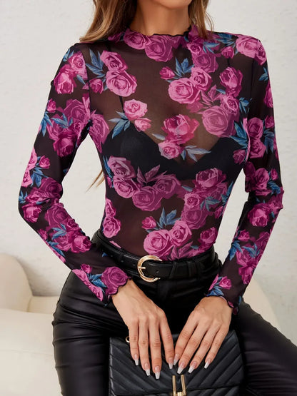 Floral Mesh Mock Neck Long Sleeve Top Mesh The Nichole Collection