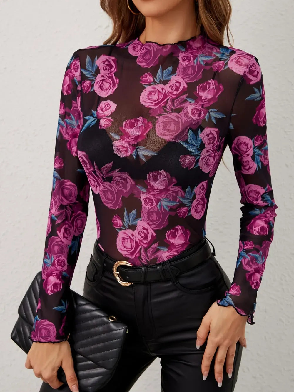 Floral Mesh Mock Neck Long Sleeve Top Mesh The Nichole Collection