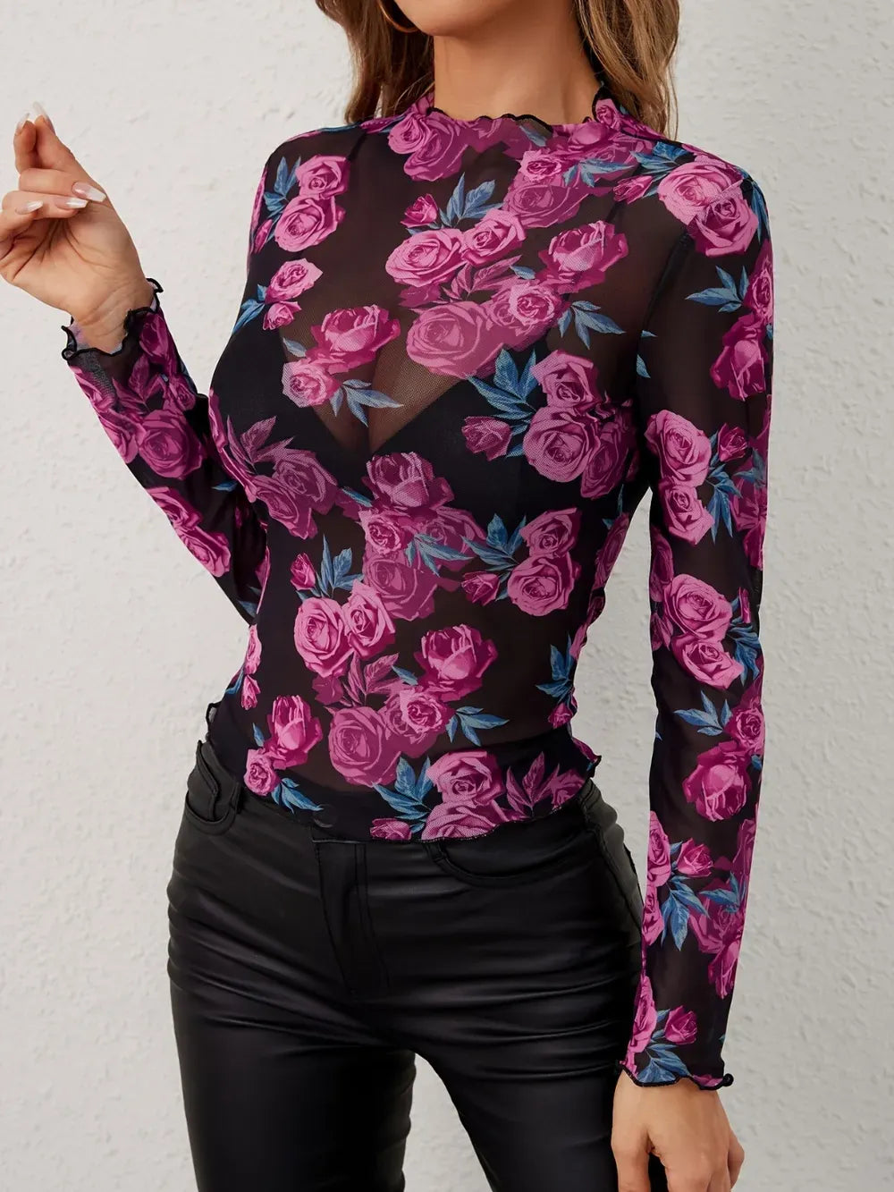 Floral Mesh Mock Neck Long Sleeve Top Mesh The Nichole Collection