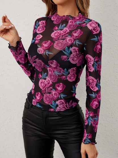Floral Mesh Mock Neck Long Sleeve Top Mesh The Nichole Collection
