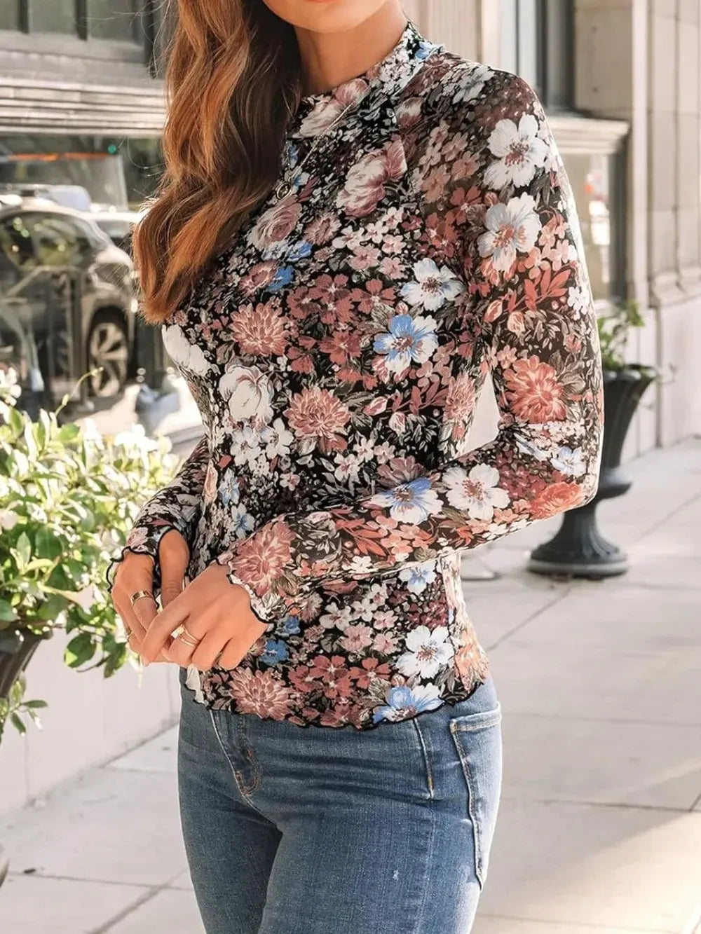 Floral Mock Neck Long Sleeve Semi-Sheer Top Shirts & Tops The Nichole Collection