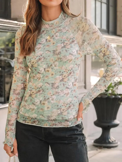 Floral Mock Neck Long Sleeve Semi-Sheer Top Shirts & Tops The Nichole Collection