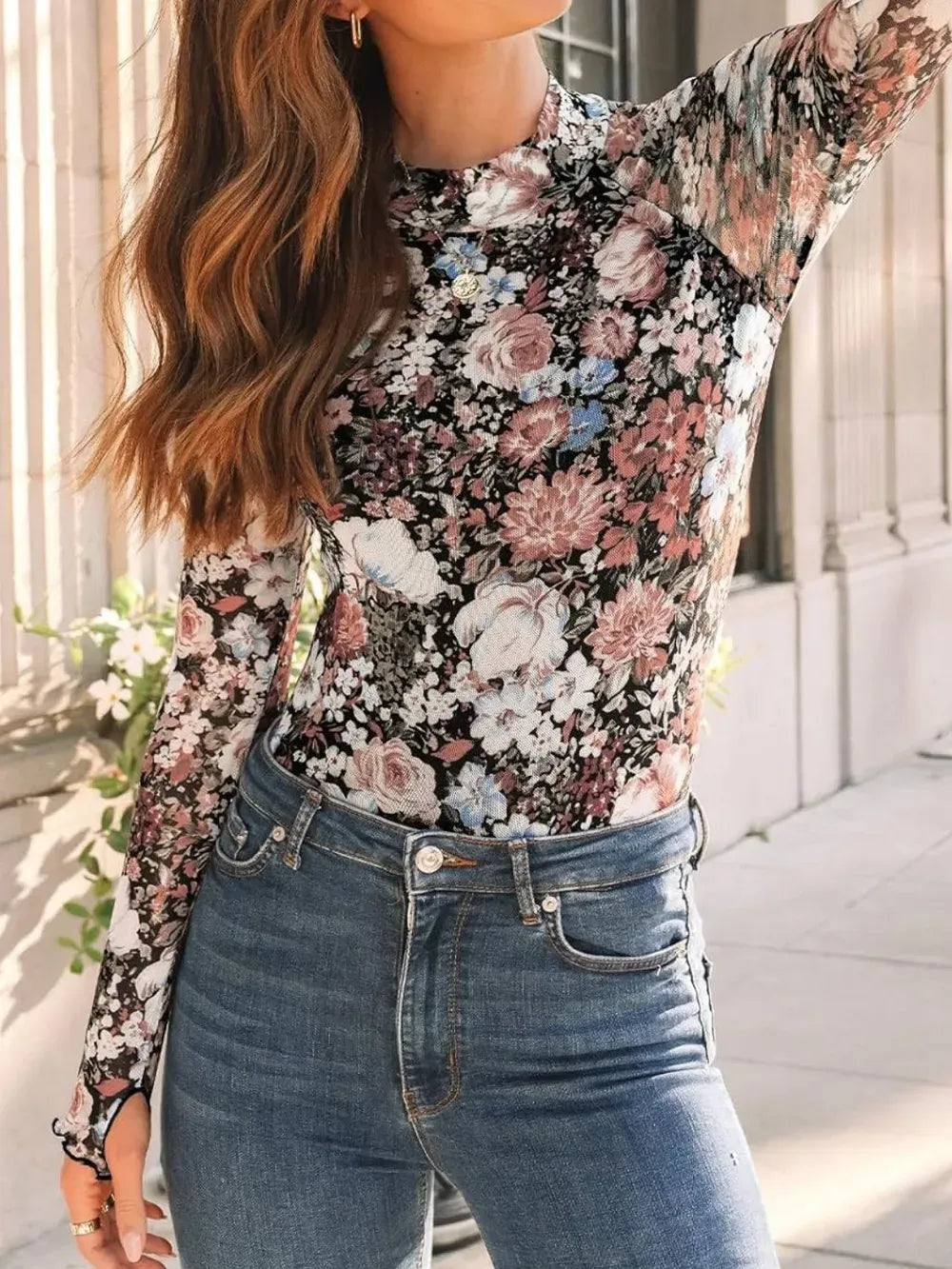 Floral Mock Neck Long Sleeve Semi-Sheer Top Shirts & Tops The Nichole Collection
