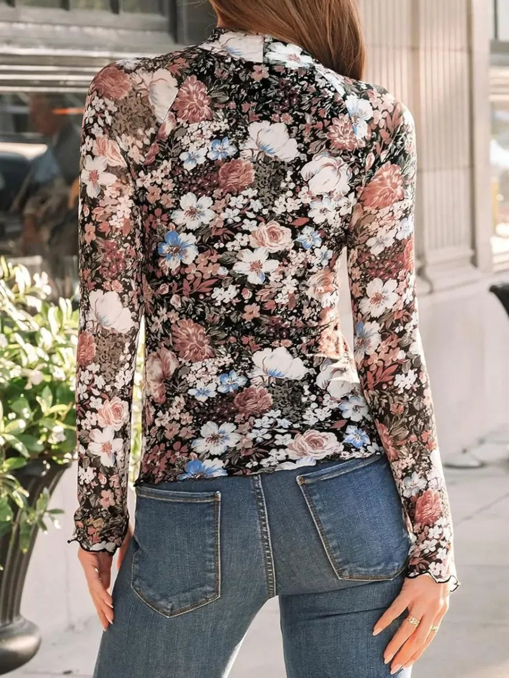 Floral Mock Neck Long Sleeve Semi-Sheer Top Shirts & Tops The Nichole Collection