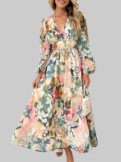 Floral Print Long Sleeve Midi Dress Beige / S THE NICHOLE COLLECTION - Official Site