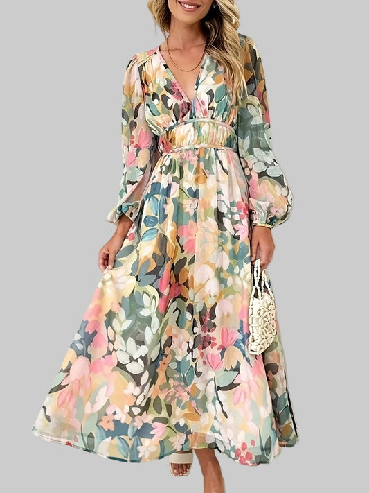 Floral Print Long Sleeve Midi Dress Beige / S THE NICHOLE COLLECTION - Official Site