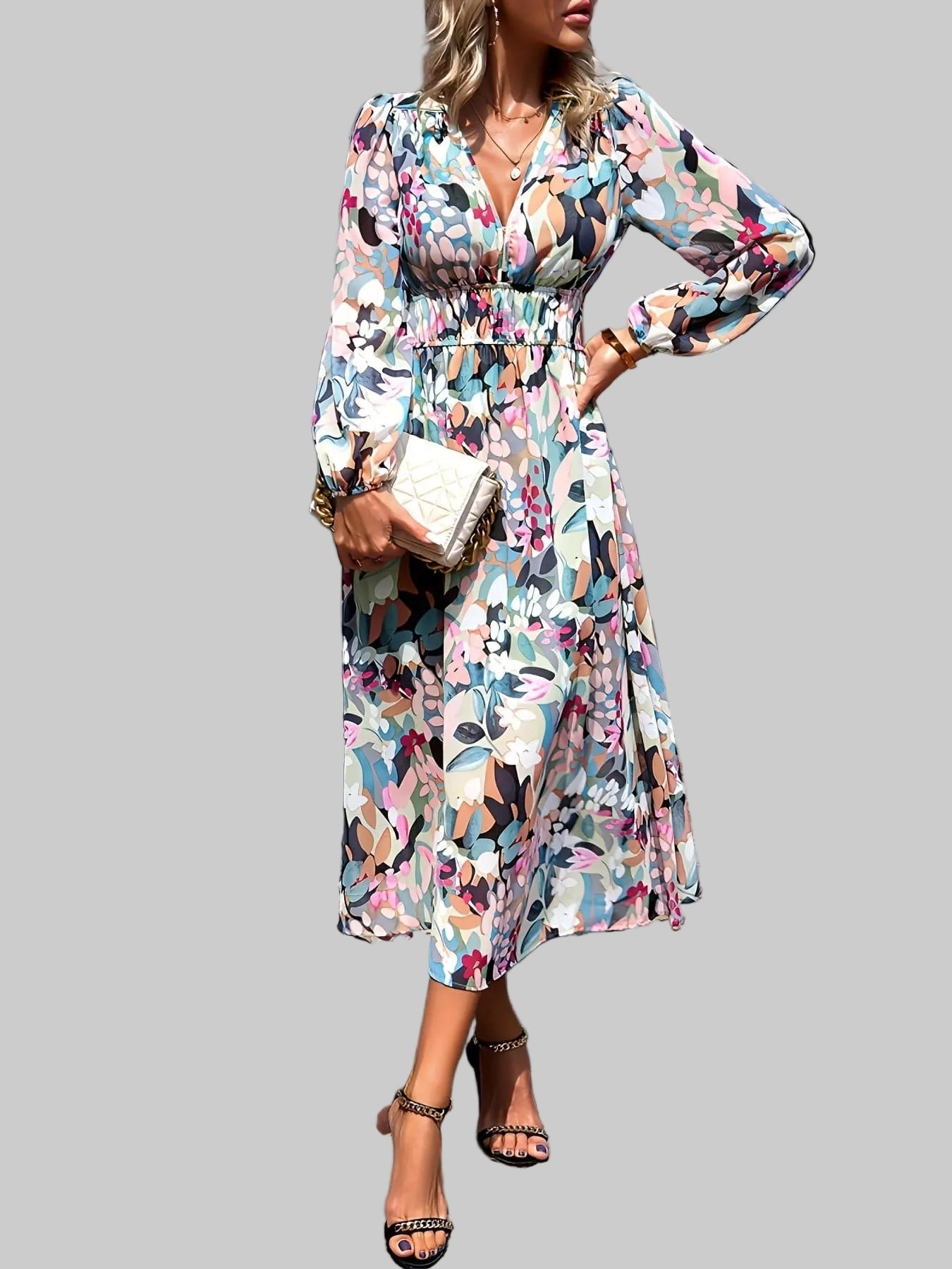 Floral Print Long Sleeve Midi Dress White / S THE NICHOLE COLLECTION - Official Site