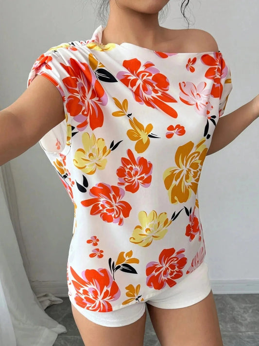 Floral Print One Shoulder Short Sleeve Blouse White / S The Nichole Collection