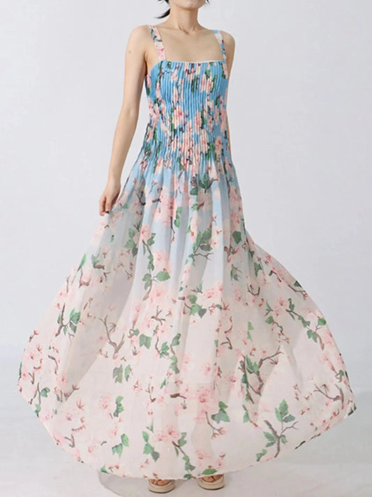 Floral Print Pleated Maxi Dress Dresses Blue / S The Nichole Collection
