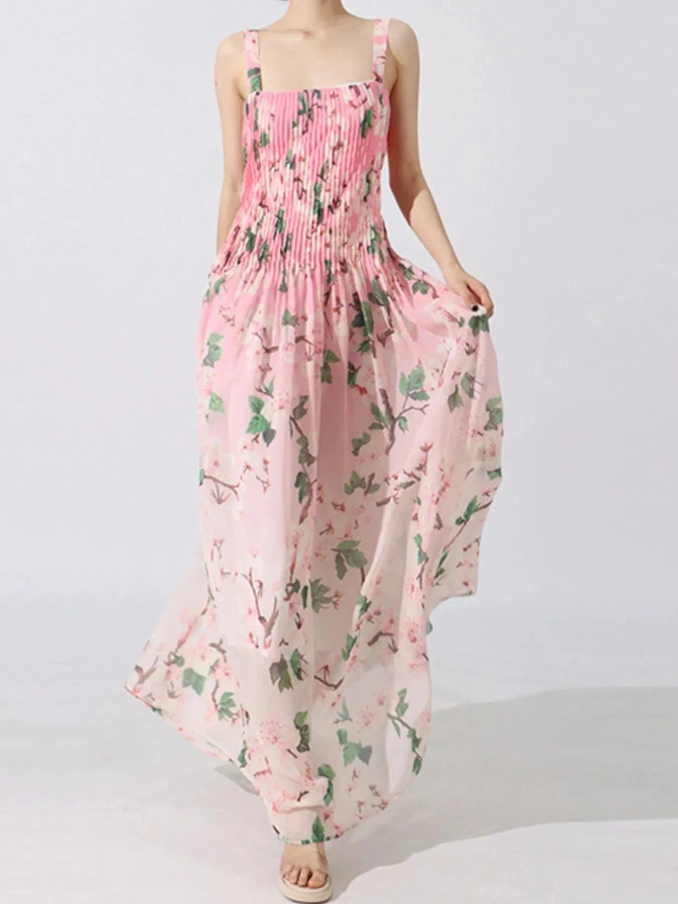 Floral Print Pleated Maxi Dress Dresses Pink / S The Nichole Collection