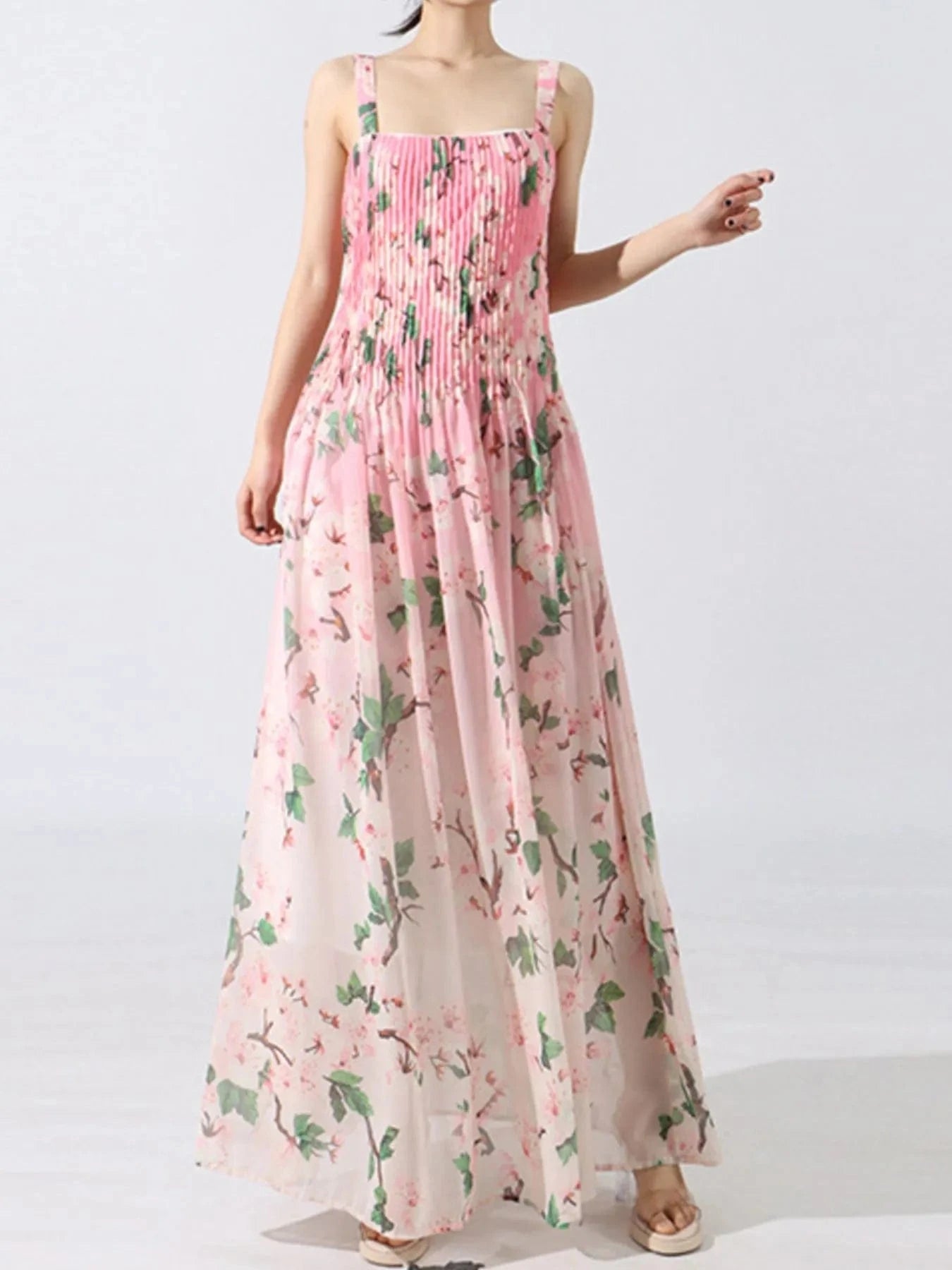 Floral Print Pleated Maxi Dress Dresses The Nichole Collection