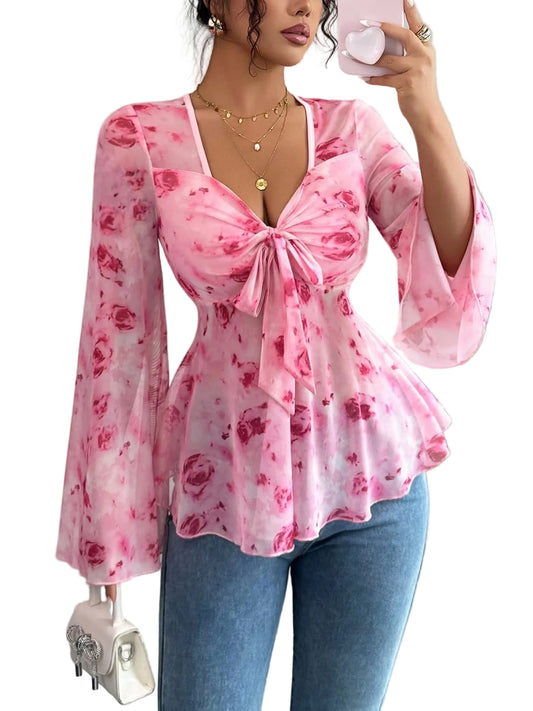 Floral Print Tie Front Flare Sleeve Chiffon Blouse Red / S The Nichole Collection