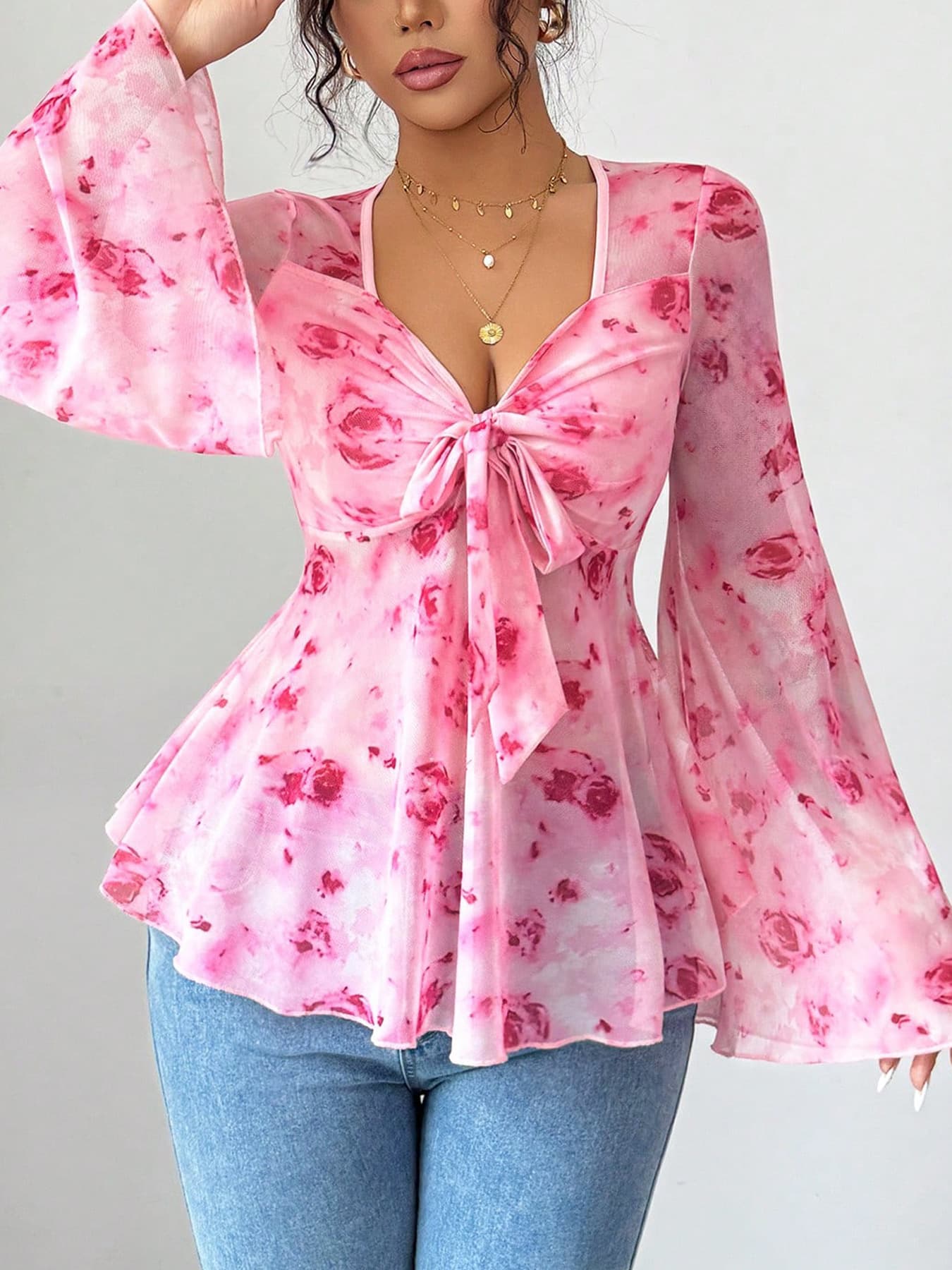 Floral Print Tie Front Flare Sleeve Chiffon Blouse The Nichole Collection