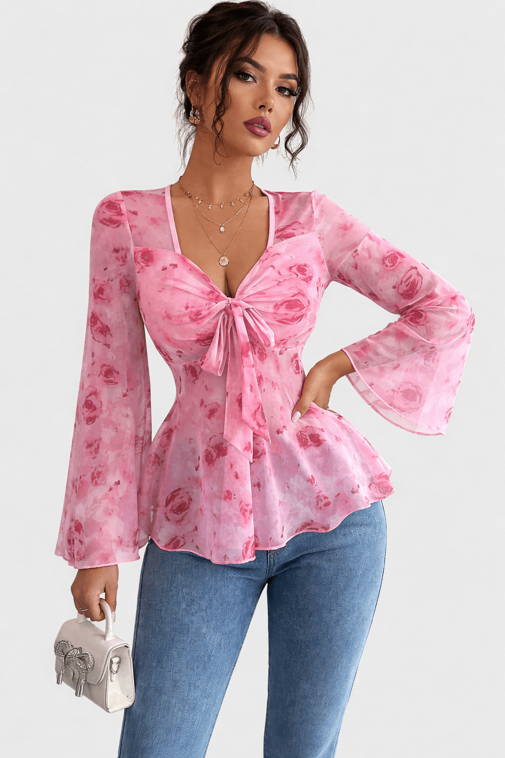 Floral Print Tie Front Flare Sleeve Chiffon Blouse Red / S The Nichole Collection