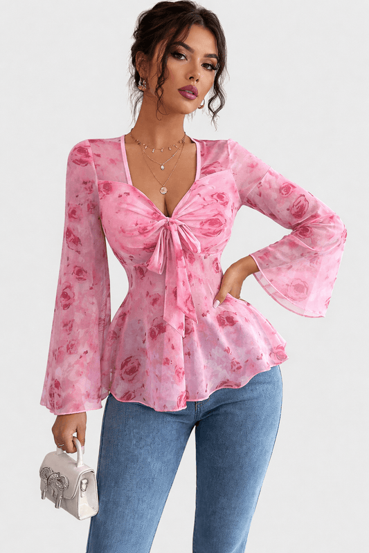 Floral Print Tie Front Flare Sleeve Chiffon Blouse Red / S The Nichole Collection