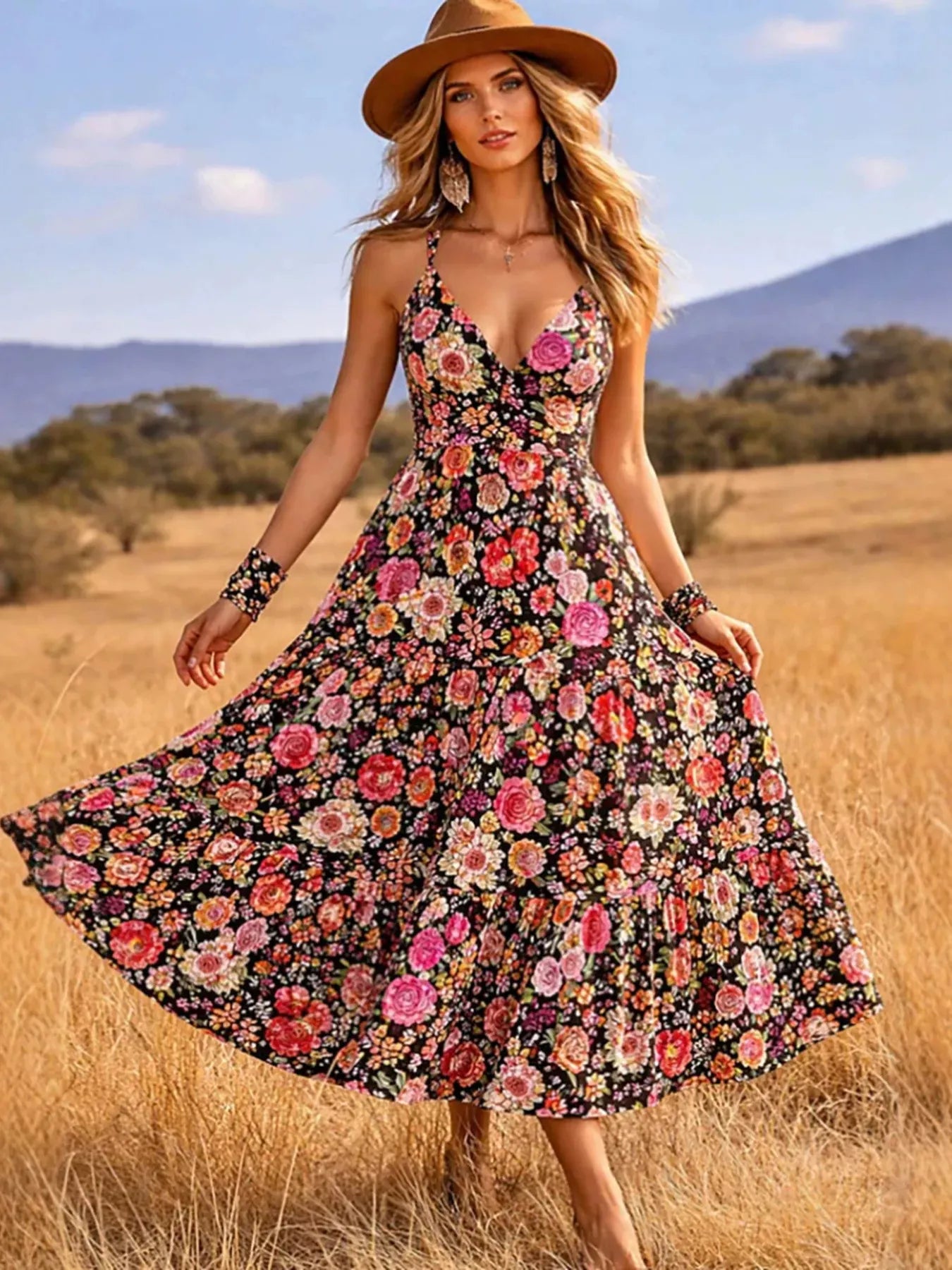 Floral Print Tiered V-Neck Midi Dress Black / S The Nichole Collection - Official Site