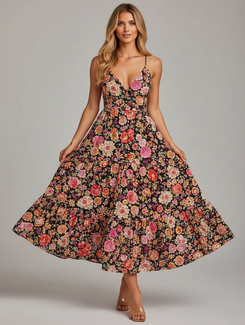 Floral Print Tiered V-Neck Midi Dress Black / S The Nichole Collection - Official Site