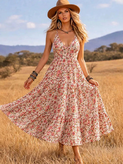 Floral Print Tiered V-Neck Midi Dress Pink / S The Nichole Collection - Official Site