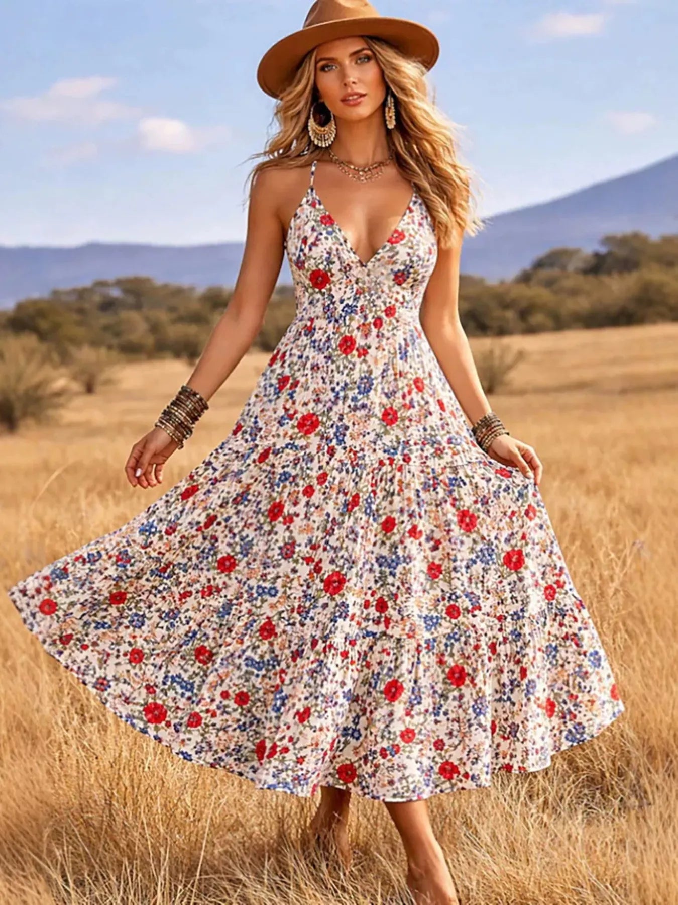 Floral Print Tiered V-Neck Midi Dress White / S The Nichole Collection - Official Site