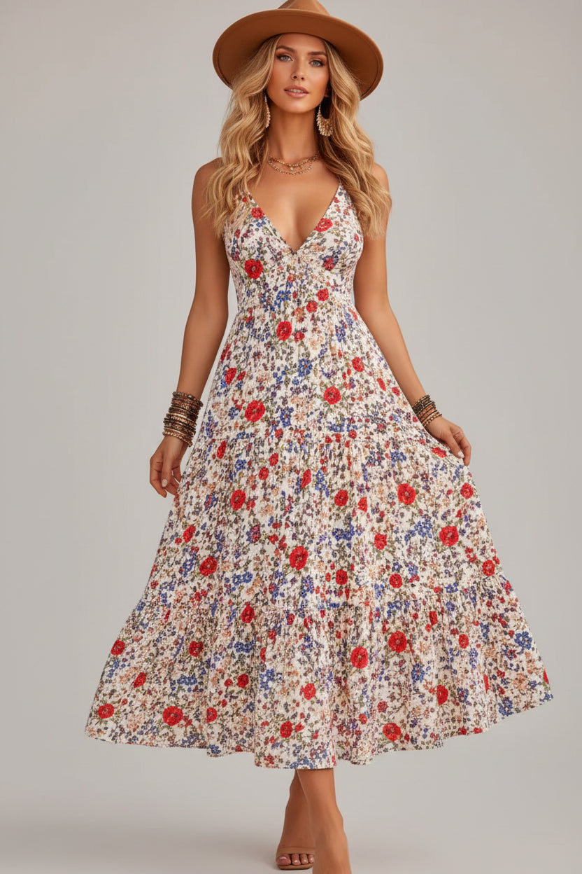 Floral Print Tiered V-Neck Midi Dress White / S The Nichole Collection - Official Site