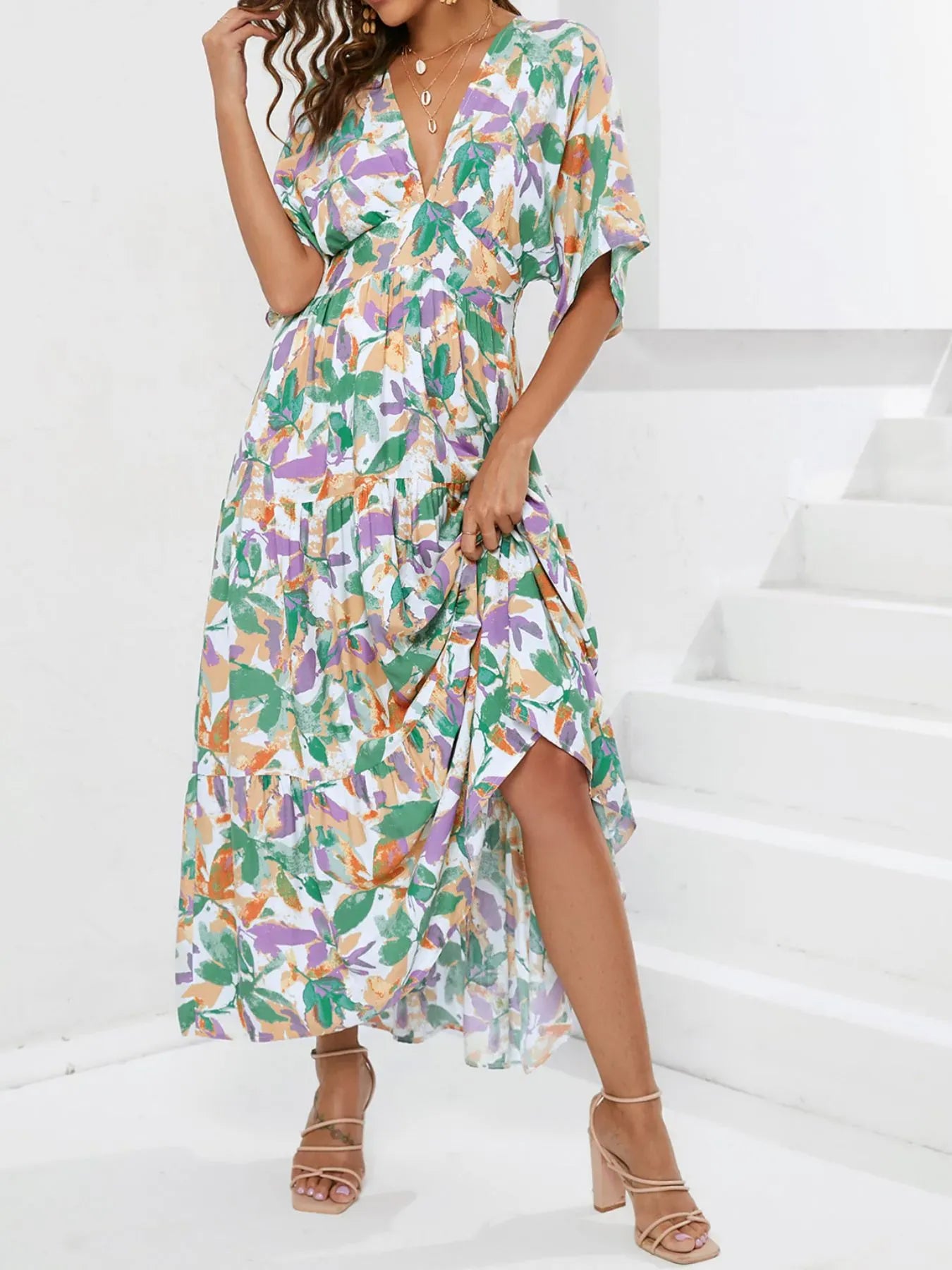 Floral Print V-neck Boho Midi Dress The Nichole Collection
