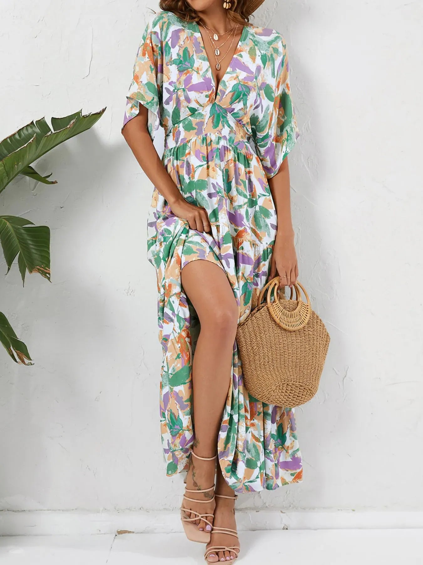 Floral Print V-neck Boho Midi Dress The Nichole Collection