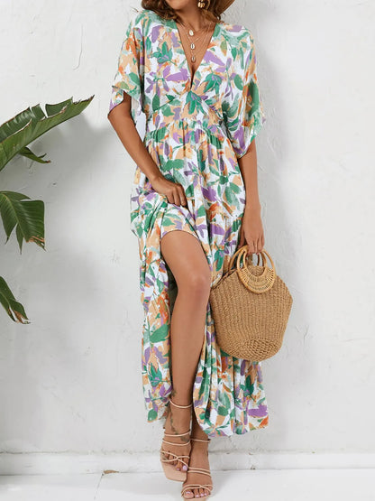 Floral Print V-neck Boho Midi Dress The Nichole Collection