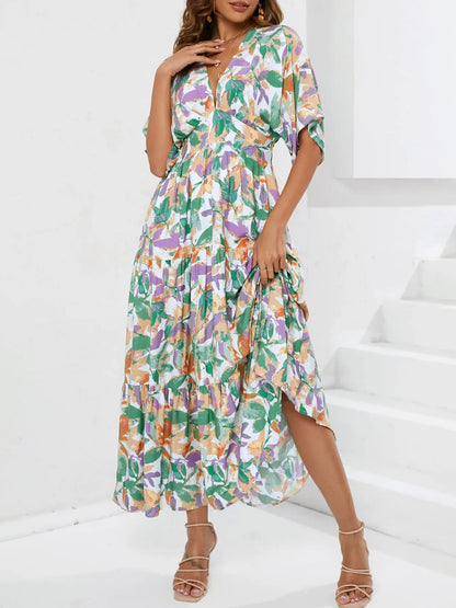 Floral Print V-neck Boho Midi Dress The Nichole Collection
