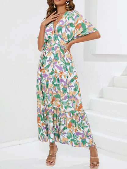 Floral Print V-neck Boho Midi Dress The Nichole Collection
