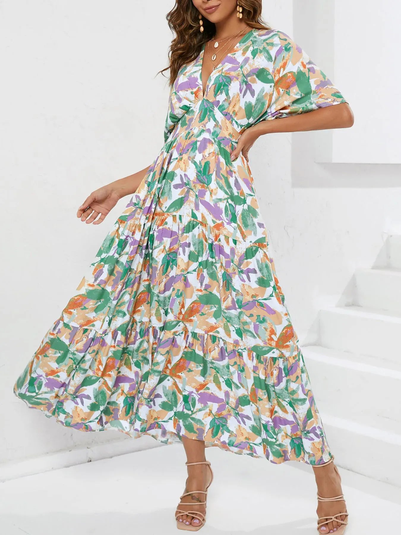 Floral Print V-neck Boho Midi Dress Gum Leaf / S The Nichole Collection