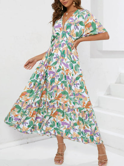 Floral Print V-neck Boho Midi Dress Gum Leaf / S The Nichole Collection