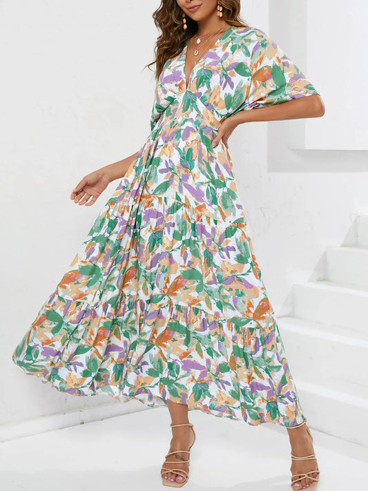 Floral Print V-neck Boho Midi Dress Gum Leaf / S The Nichole Collection