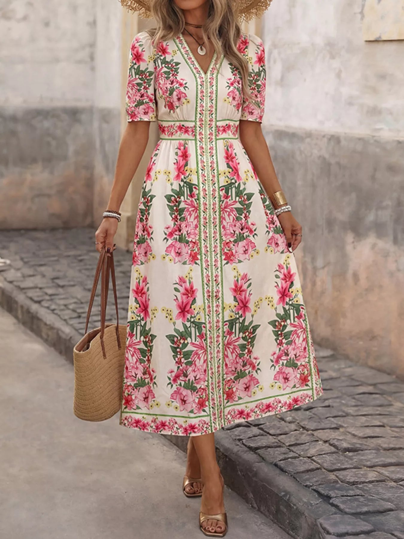 Floral Print V-Neck Midi Dress Fuchsia Pink / M Midi Dresses The Nichole Collection - Official Site