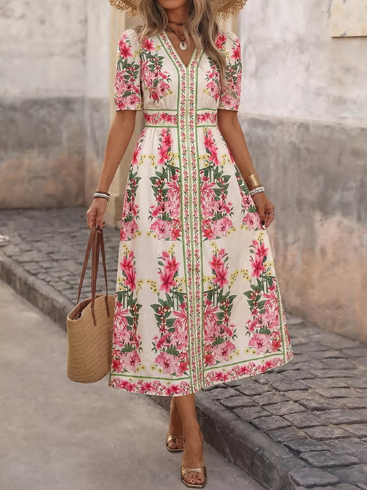 Floral Print V-Neck Midi Dress Fuchsia Pink / M Midi Dresses The Nichole Collection - Official Site