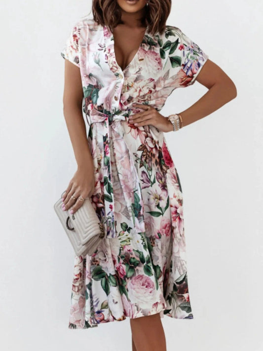 Floral Short Sleeve Midi Dress Pink / S The Nichole Collection