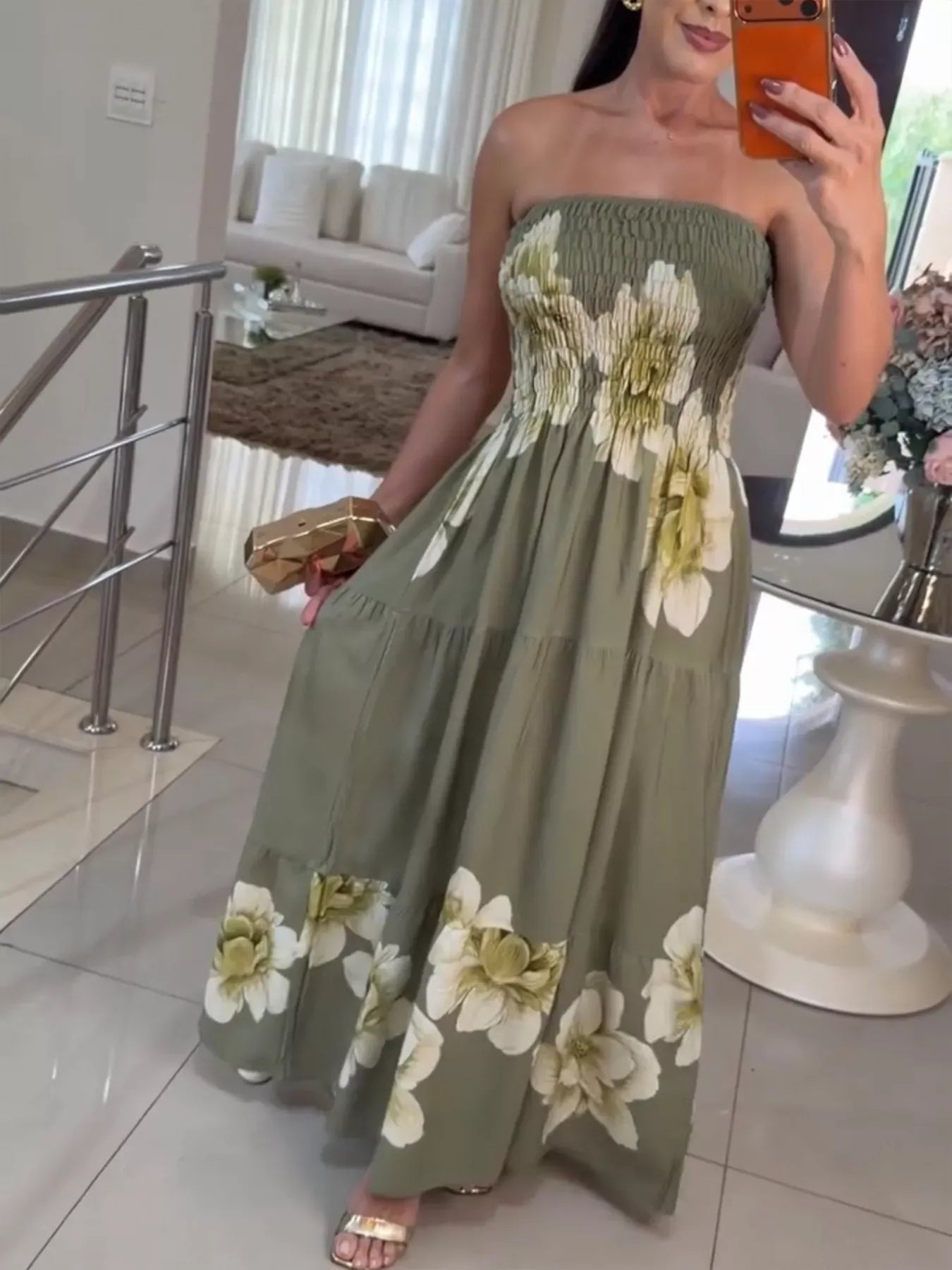 Floral Smocked Strapless Maxi Dress Green / S The Nicole Collection
