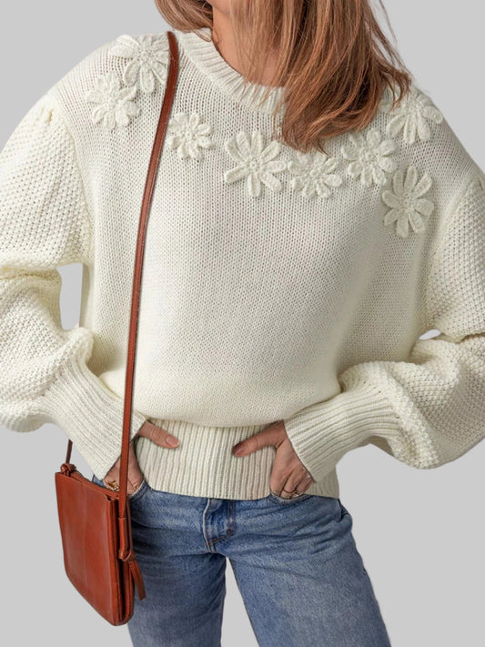 Flower Detail Puff Sleeve Sweater Sweaters White / S The Nichole Collection